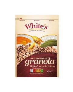 WHITES HAZELNUT ALMOND & HONEY LIGHT BAKED JUMBO OATS GRANOLA 450GM